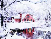 Тихий домик у озера в зимнем лесу