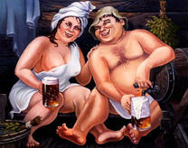 Муж и жена с пивом в баньке