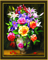 Красивая ваза с букетом лилий и роз