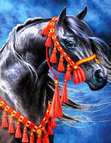 Черный конь с нарядной упряжкой