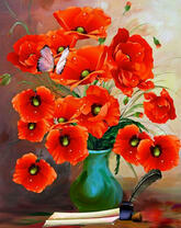 Синяя ваза с букетом маков и бабочка