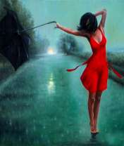 Девушка в красном платье с черным зонтом