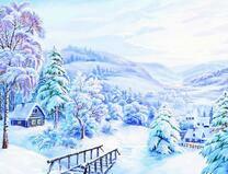 Мостик в заснеженную деревню среди леса