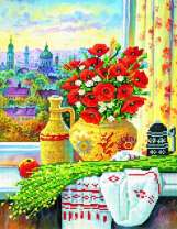 Ваза с маками на фоне города