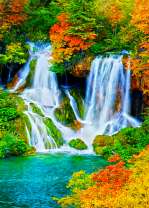 Яркий осенний водопад в лесу