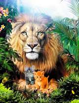 Грозный лев и пара котят в джунглях