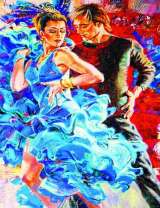 Девушка в синем платье танцует танго с партнёром