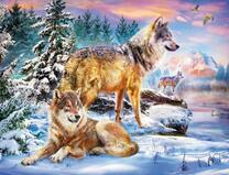 Волки в заснеженном лесу у озера