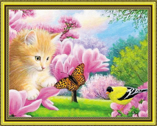 Алмазная мозаика 40x50 Котёнок, бабочка и желтая птичка