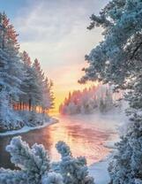 Широкая река и заснеженный лес