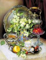 Цветы жасмина, вишни и чай