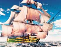 Черно-золотистый фрегат на морских волнах