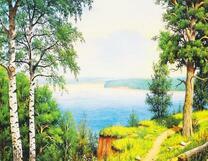 Вид на озеро со скалистого лесного берега