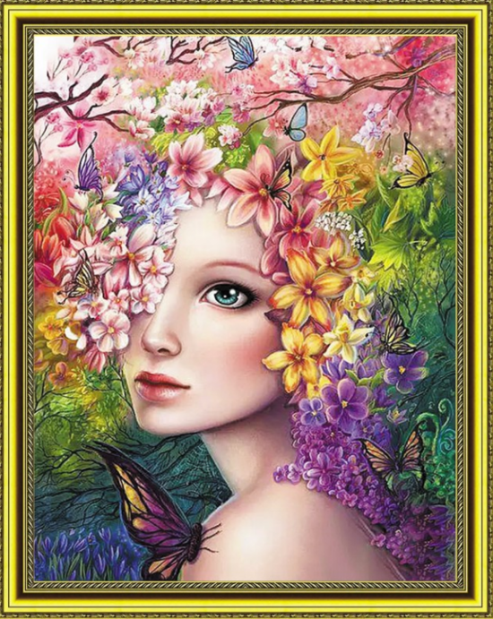 Алмазная мозаика 40x50 Девушка-природа с цветами и бабочками
