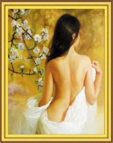 Обнаженная девушка возле цветущей яблони