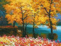 Осенние деревья в лебедином озере и цветы