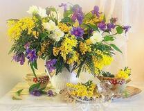 Алмазная вышивка «Букет из мимозы и колокольчиков в вазе»