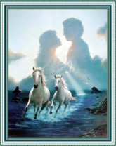 Белые лошади в море и люди в облаках