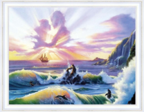 Корабль в море и красивое солнце в облаках