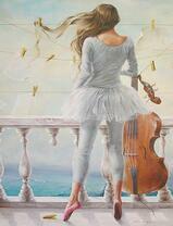 Девушка в белом с виолончелью у моря