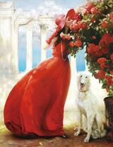 Дама в красном наряде с псом