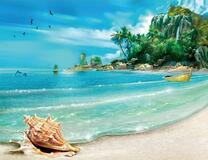 Ракушка и лодка на берегу тропического острова