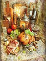 Курочка, виноград и вино с яблочками