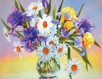 Красивый букет ирисов и ромашек