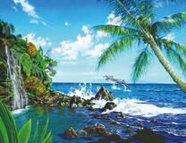 Два дельфина у красочного тропического острова