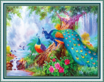 Павлины и журавли у реки под деревом