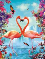 Два фламинго и бабочки на фоне водопадов