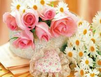 Нежно-розовые розы и ромашки на столе