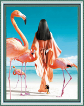 Девушка и фламинго на пляже