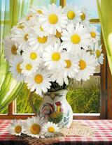 Большой букет ромашек в расписном кувшине