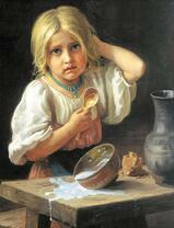 Деревенская девочка пролила молоко