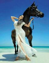 Девушка в белом и черный скакун