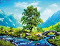 Дерево и мост у горного ручья