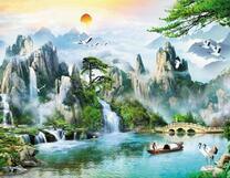 Журавли на красочном озере среди гор