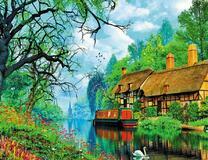 Белый лебедь у домика в лесу