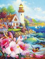 Маяк с домиком и цветами у моря