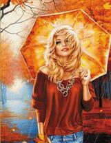 Девушка с золотым зонтом в осеннем парке