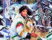 Девушка в снежном лесу с двумя волками