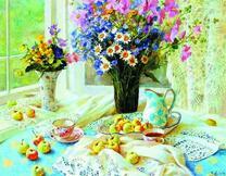 Натюрморт с полевыми цветами, яблоками и чаем