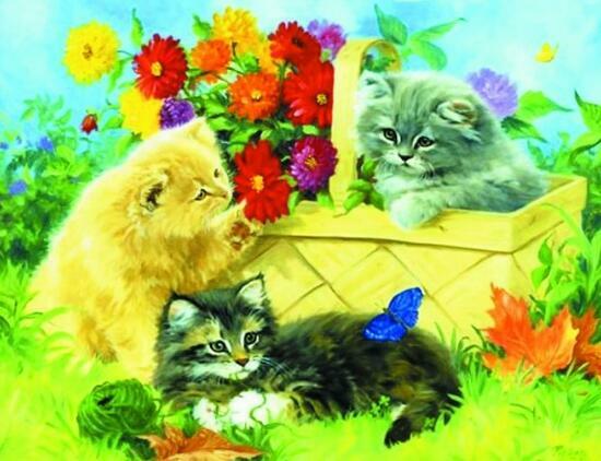 Алмазная мозаика 40x50 Разномастные котята и корзина с цветами