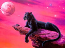 Большая пантера на скале под полной луной