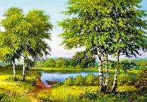 Лодочка и берёзы на берегу реки