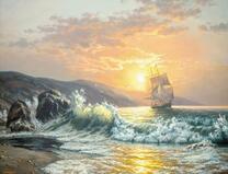 Корабль с парусами у берега на фоне солнца