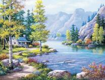 Каменный домик у тихой реки в хвойном лесу