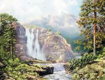 Водопад на горе и высокие сосны