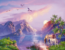 Лошадь с жеребенком на озере у гор